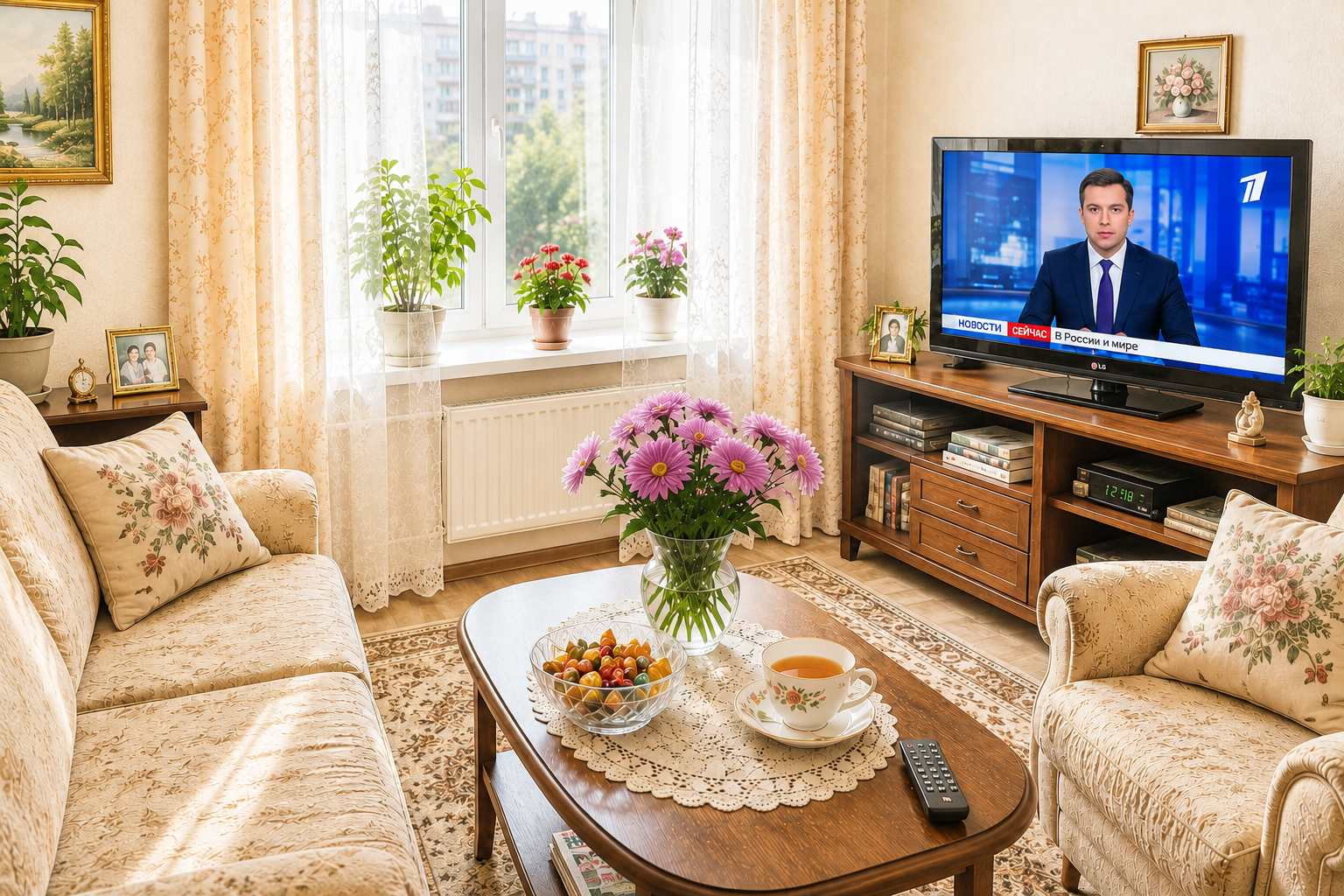 Уютная гостиная с диваном, креслом, телевизором, цветами и чашкой чая